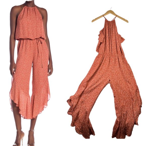 Joie 100% Silk Crop Ruffle Halter Top Jumpsuit/Romper sz XS Orange - Picture 1 of 10